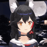 a close up of a girl with fox ears and a choker .