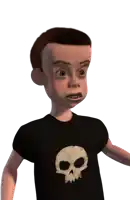a cartoon character from toy story wearing a black shirt with a skull on it