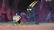 a cartoon of cuphead and a devil with netflix in the corner