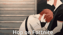 a picture of a man hugging another man with the words hop on fortnite