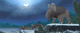 a painting of a group of dinosaurs standing on top of a snow covered cliff