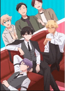a group of anime boys are sitting on a couch .