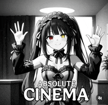 a black and white drawing of a girl with the words " absolute cinema " above her