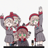 a group of girls are standing in front of a microphone and one girl is giving the middle finger