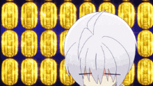 a cartoon character is standing in front of a wall of gold coins