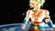 a video game character is standing in front of a planet and says make a gif.com