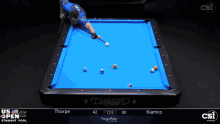 a man is playing pool on a blue diamond pool table