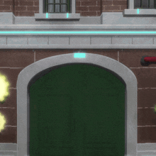 a brick building with a green door and a blue light
