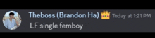 a screenshot of a message from the boss brandon ha today at 1:21 pm
