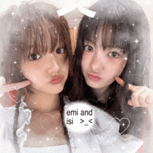 two girls are posing for a picture with the words emi and isi on the bottom