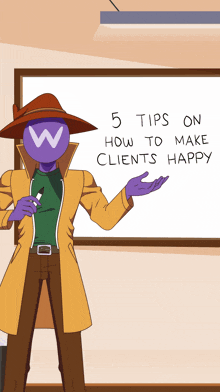 a cartoon character is standing in front of a white board that says " 5 tips on how to make clients happy "