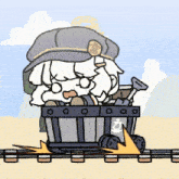 a cartoon character is riding in a cart on a train .