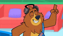 a cartoon bear wearing headphones is giving a peace sign and smiling