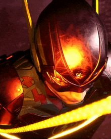 a close up of a superhero 's helmet with a yellow light behind him