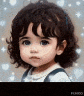 a little girl with curly hair and blue eyes is looking at the camera with hearts in the background .
