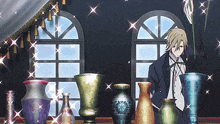 a man in a suit is standing in front of a window surrounded by colorful vases