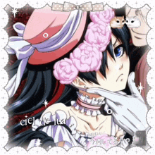 a picture of a girl with flowers on her head and the words ciel de lua below her