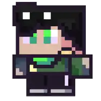 a pixel art of a girl with green eyes and black hair