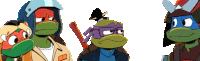 three teenage mutant ninja turtles are standing next to each other on a white background