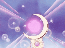 a cartoon drawing of a crescent moon with a pink stone in it