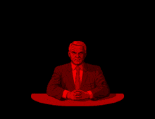 a pixel art of a man in a suit and tie sitting at a desk with his hands folded
