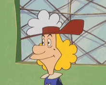 a cartoon character with blonde hair and a red hat is looking out a window