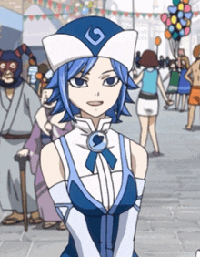 a girl with blue hair wearing a blue and white hat with a g on it
