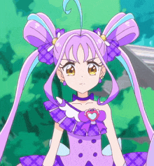 a girl with purple hair and a purple dress has a heart on her chest
