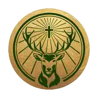a green and gold logo with a deer head and a cross in the center