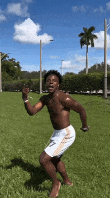 a man without a shirt is dancing in a grassy field