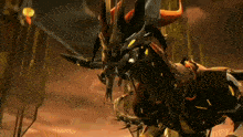 a cartoon character with horns and a sword is flying through the air .