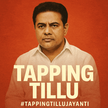 a man in a white shirt stands in front of a poster that says tapping tillu