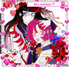 a drawing of two girls with the words eiko and misu in the corner