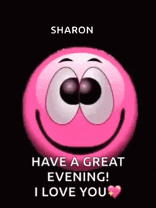 a pink smiley face with the words `` have a great evening ! i love you '' on it .