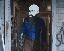a man with a beard is standing in front of a door with the number 8 written on it