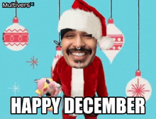 a man in a santa suit is smiling and holding a stuffed animal while saying happy december .