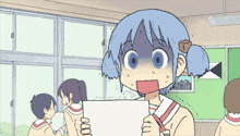 a girl with blue hair is holding a piece of paper
