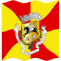 a red and yellow flag with a man on a horse and the words sempre leal on the bottom