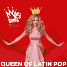a woman in a pink dress has a gold crown on her head and the words queen of latin pop below her