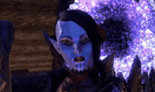 a video game character with a blue face and a purple background
