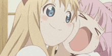 two anime girls are laughing and one has a v on her face