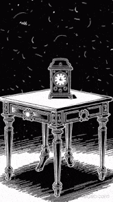 a black and white drawing of a table and a clock