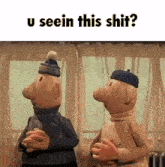 two cartoon characters are standing next to each other in a room .
