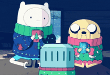 a cartoon of finn and jake holding cups of hot chocolate