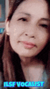a close up of a woman 's face with the words ilsf vocalist written above her