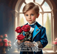 a boy in a suit and bow tie is holding roses in front of a window