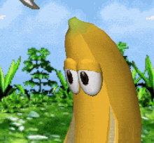 a cartoon of a banana with big eyes standing in the grass