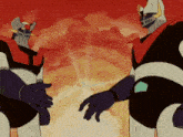 two cartoon robots are standing next to each other with their arms outstretched
