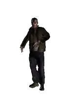 a man in a brown jacket and blue pants is dancing with his hands in the air
