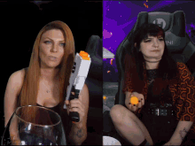 a woman holding a nerf gun next to a woman holding a glass